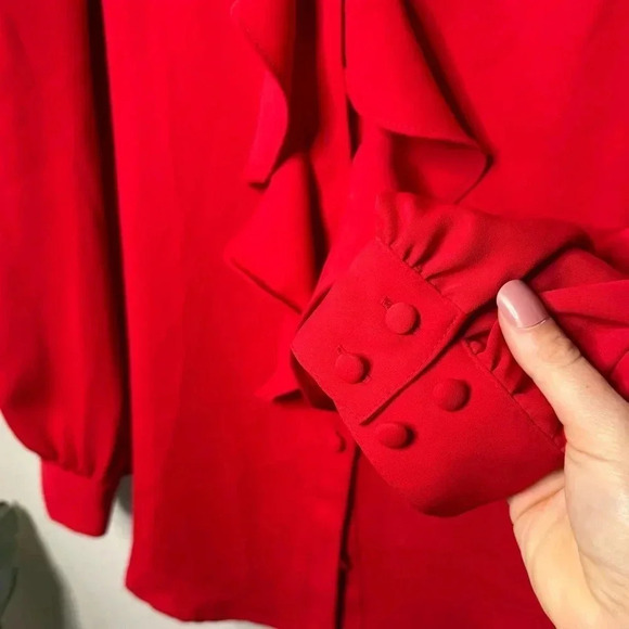 Chicos Ruffle Front Button Up Red Long Sleeve Blouse - Picture 7 of 13